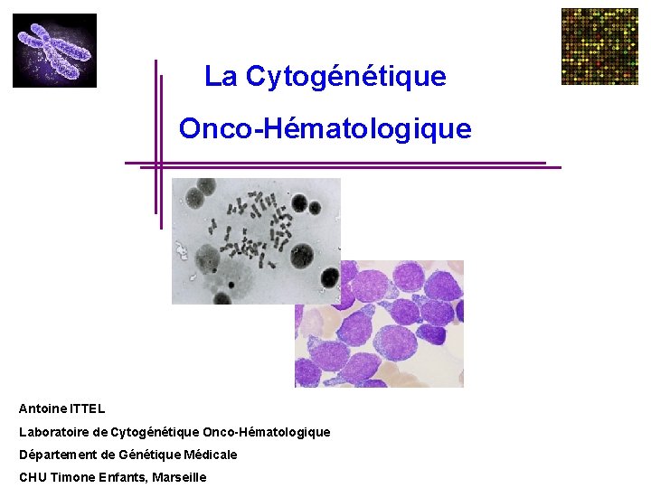 La Cytogénétique Onco-Hématologique Antoine ITTEL Laboratoire de Cytogénétique Onco-Hématologique Département de Génétique Médicale CHU