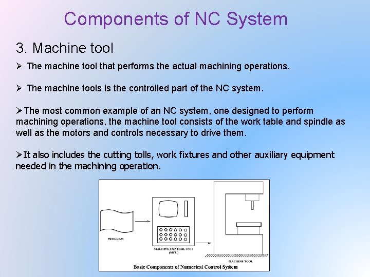 Components of NC System 3. Machine tool Ø The machine tool that performs the