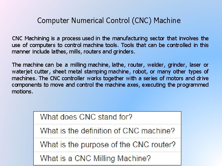 Computer Numerical Control (CNC) Machine CNC Machining is a process used in the manufacturing