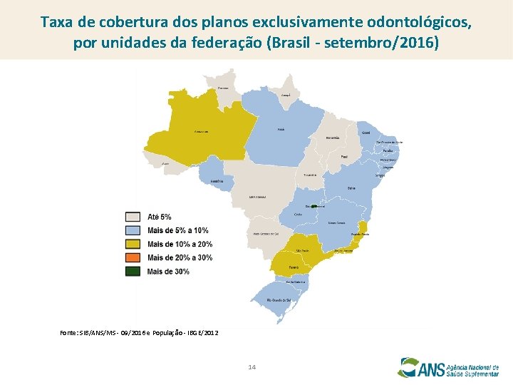 Taxa de cobertura dos planos exclusivamente odontológicos, por unidades da federação (Brasil - setembro/2016)