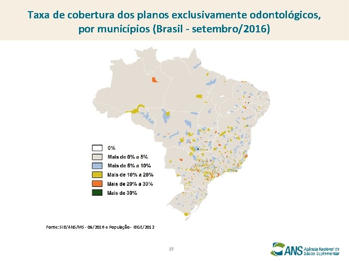 Taxa de cobertura dos planos exclusivamente odontológicos, por municípios (Brasil - setembro/2016) Fonte: SIB/ANS/MS