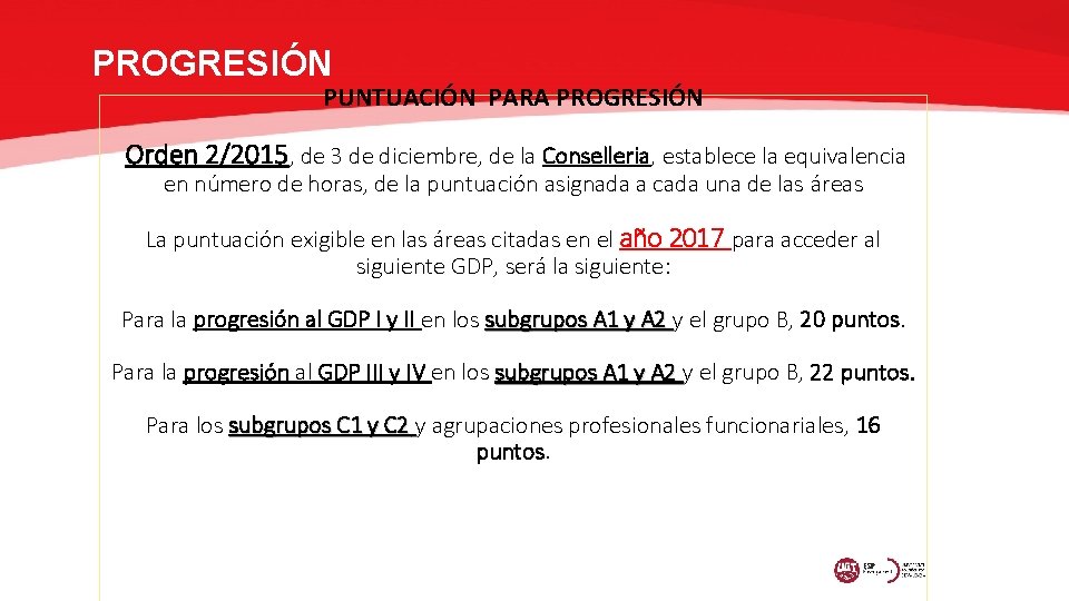 PROGRESIÓN PUNTUACIÓN PARA PROGRESIÓN Orden 2/2015, de 3 de diciembre, de la Conselleria, establece