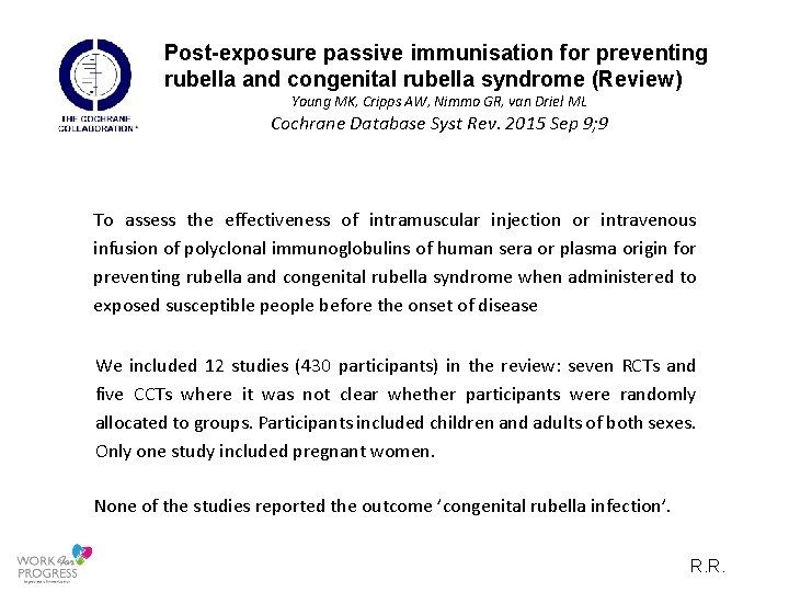 Post-exposure passive immunisation for preventing rubella and congenital rubella syndrome (Review) Young MK, Cripps