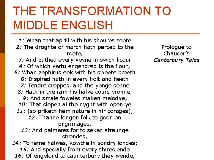 THE TRANSFORMATION TO MIDDLE ENGLISH 1: Whan that aprill with his shoures soote 2: THE TRANSFORMATION TO MIDDLE ENGLISH 1: Whan that aprill with his shoures soote 2: