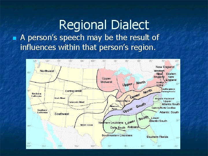 Regional Dialect n A person’s speech may be the result of influences within that Regional Dialect n A person’s speech may be the result of influences within that