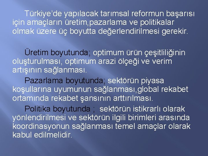 Türkiye’de yapılacak tarımsal reformun başarısı için amaçların üretim, pazarlama ve politikalar olmak üzere üç