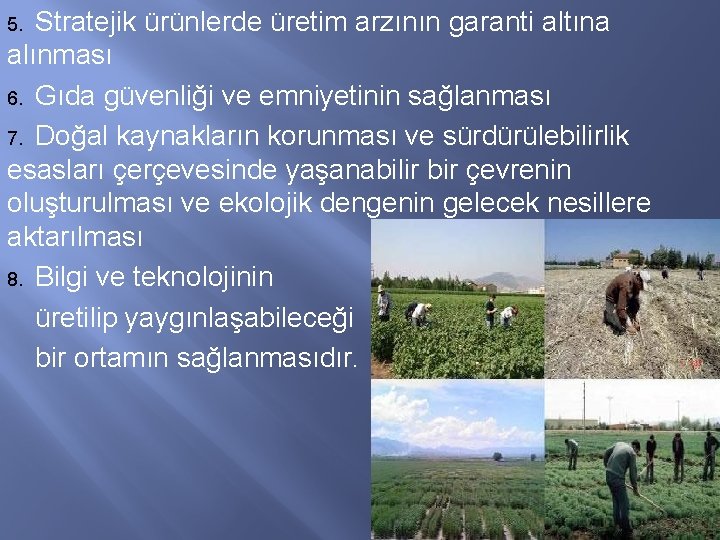 Stratejik ürünlerde üretim arzının garanti altına alınması 6. Gıda güvenliği ve emniyetinin sağlanması 7.