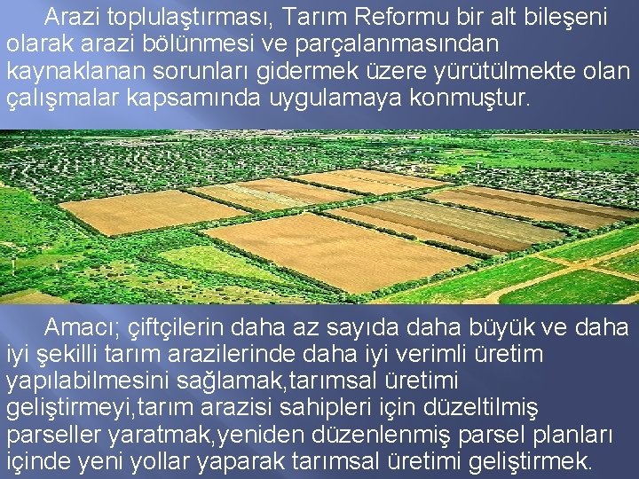 Arazi toplulaştırması, Tarım Reformu bir alt bileşeni olarak arazi bölünmesi ve parçalanmasından kaynaklanan sorunları