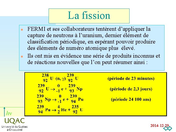 La fission n n FERMI et ses collaborateurs tentèrent d’appliquer la capture de neutrons