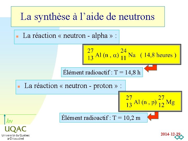 La synthèse à l’aide de neutrons n La réaction « neutron - alpha »