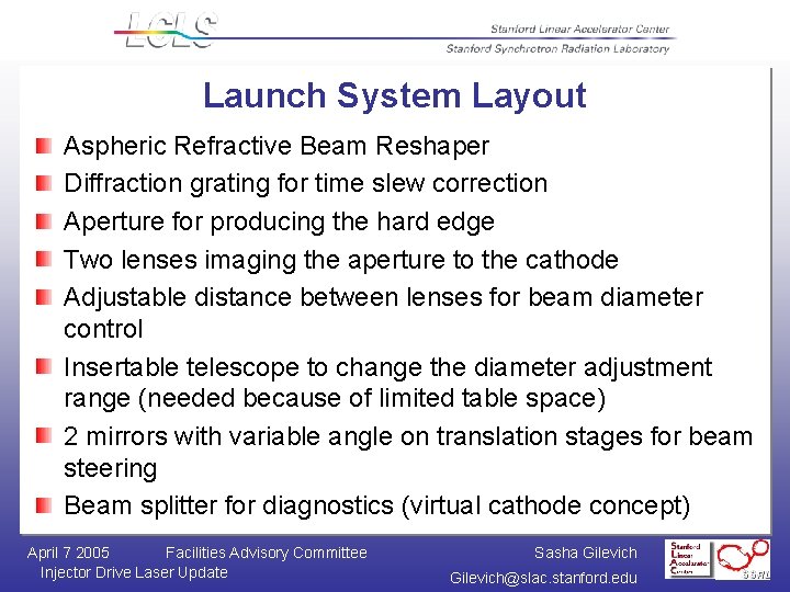Launch System Layout Aspheric Refractive Beam Reshaper Diffraction grating for time slew correction Aperture