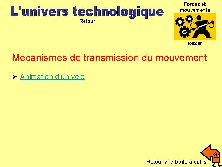 Forces et mouvements Retour Mécanismes de transmission du mouvement Ø Animation d’un vélo Retour