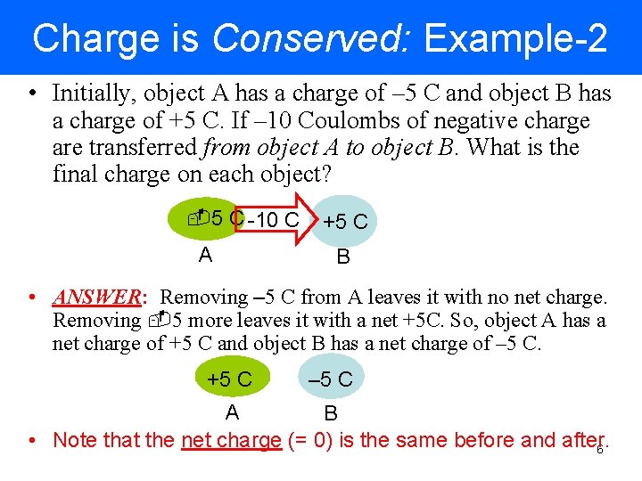 Charge is Conserved: Example-2 • Initially, object A has a charge of – 5