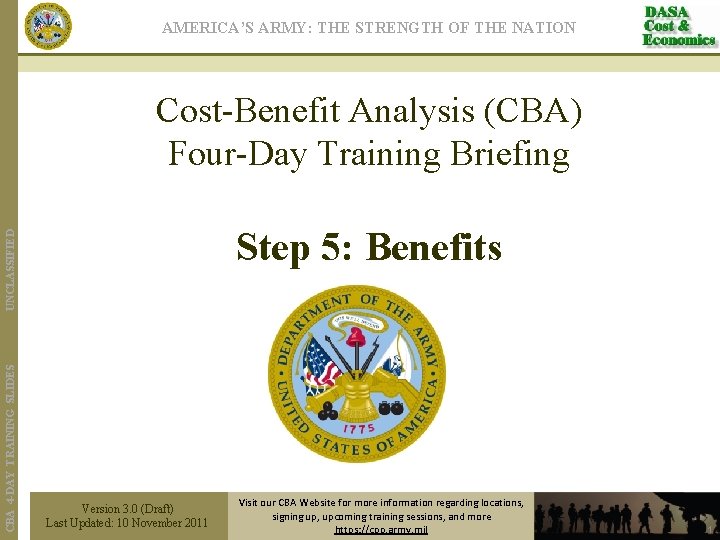 AMERICA’S ARMY: THE STRENGTH OF THE NATION Cost-Benefit Analysis (CBA) Four-Day Training Briefing CBA