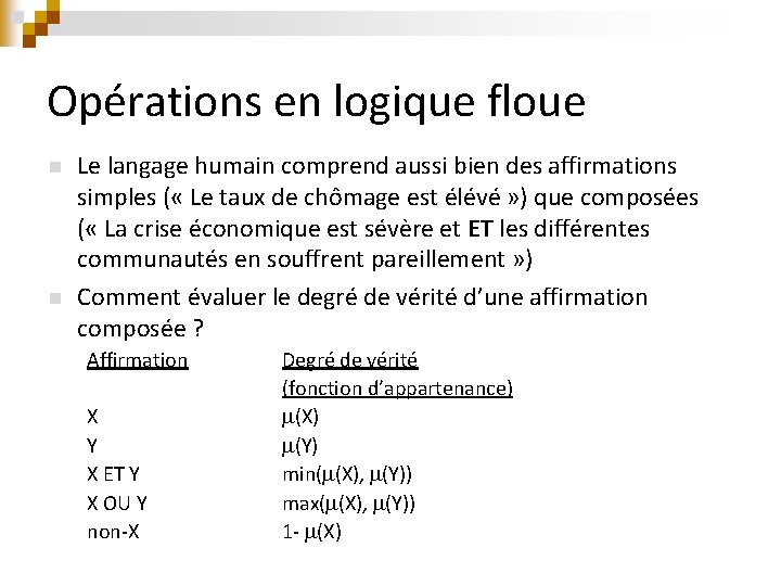 Opérations en logique floue n n Le langage humain comprend aussi bien des affirmations