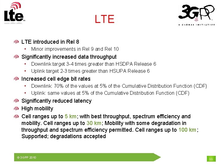 LTE introduced in Rel 8 • Minor improvements in Rel 9 and Rel 10