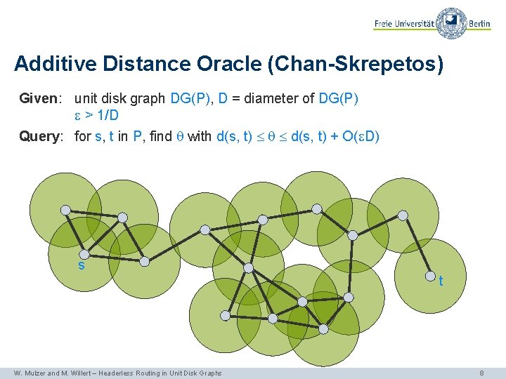 Additive Distance Oracle (Chan-Skrepetos) Given: unit disk graph DG(P), D = diameter of DG(P)