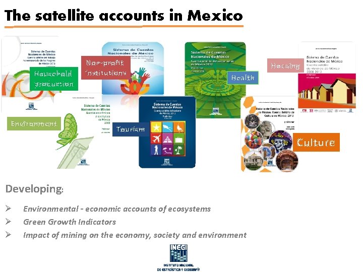 The satellite accounts in Mexico Household production Environment Non-profit institutions Housing Health Tourism Culture