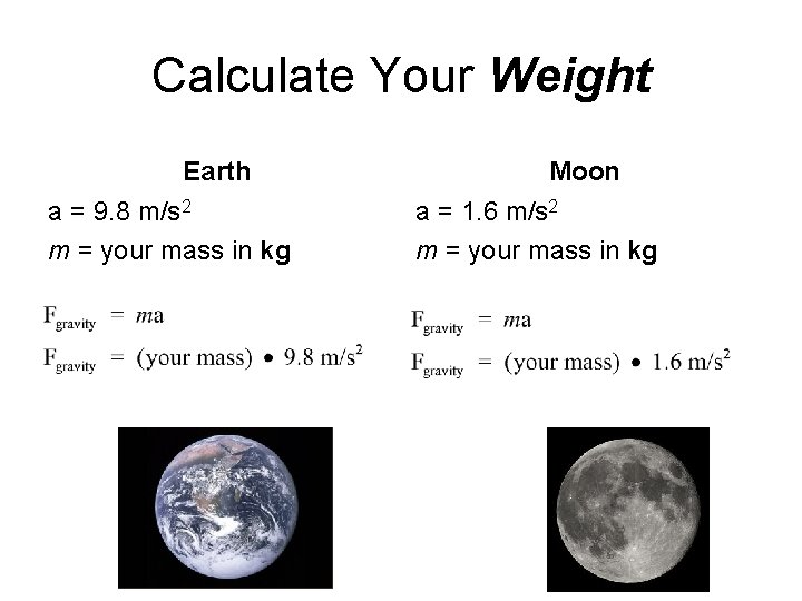 Calculate Your Weight Earth a = 9. 8 m/s 2 m = your mass
