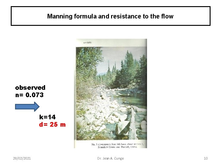 Manning formula and resistance to the flow observed n= 0. 073 k=14 d= 25