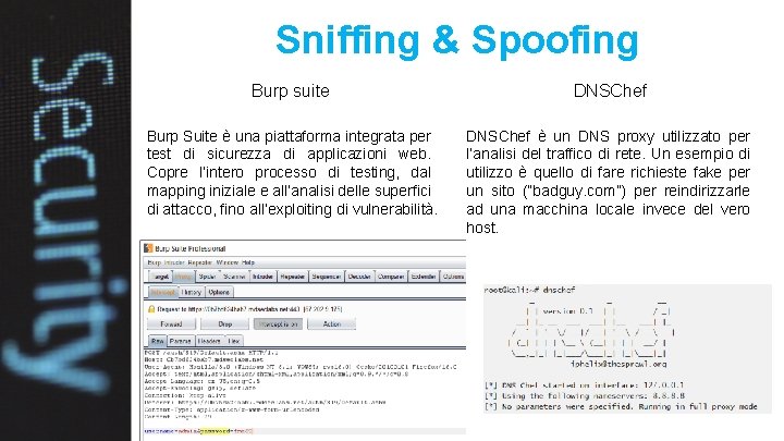 Sniffing & Spoofing Burp suite DNSChef Burp Suite è una piattaforma integrata per test