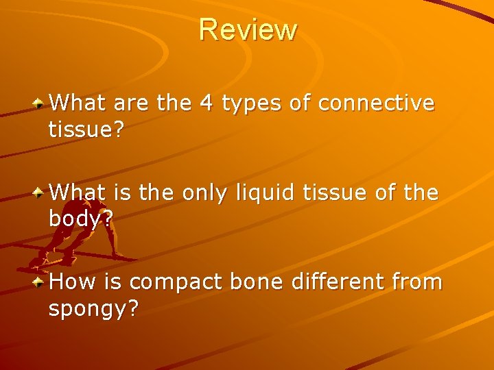 Review What are the 4 types of connective tissue? What is the only liquid