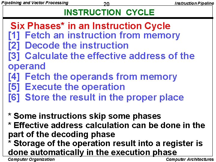 Pipelining and Vector Processing 20 Instruction Pipeline INSTRUCTION CYCLE Six Phases* in an Instruction