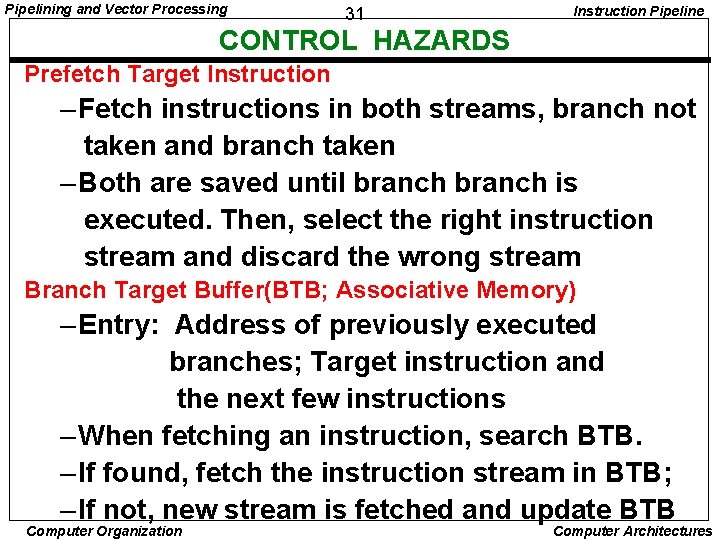 Pipelining and Vector Processing 31 Instruction Pipeline CONTROL HAZARDS Prefetch Target Instruction – Fetch