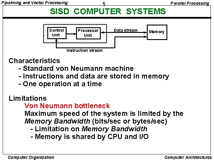 Pipelining and Vector Processing Parallel Processing 5 SISD COMPUTER SYSTEMS Control Unit Processor Unit