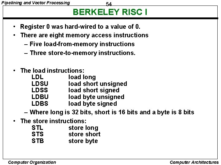 Pipelining and Vector Processing 54 BERKELEY RISC I • Register 0 was hard-wired to