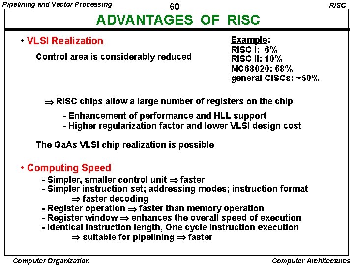 Pipelining and Vector Processing RISC 60 ADVANTAGES OF RISC • VLSI Realization Control area