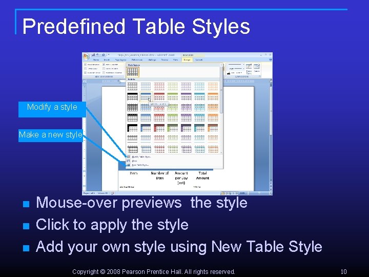 Predefined Table Styles Modify a style Make a new style n n n Mouse-over