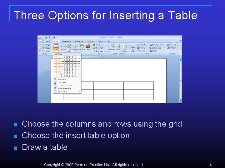Three Options for Inserting a Table n n n Choose the columns and rows