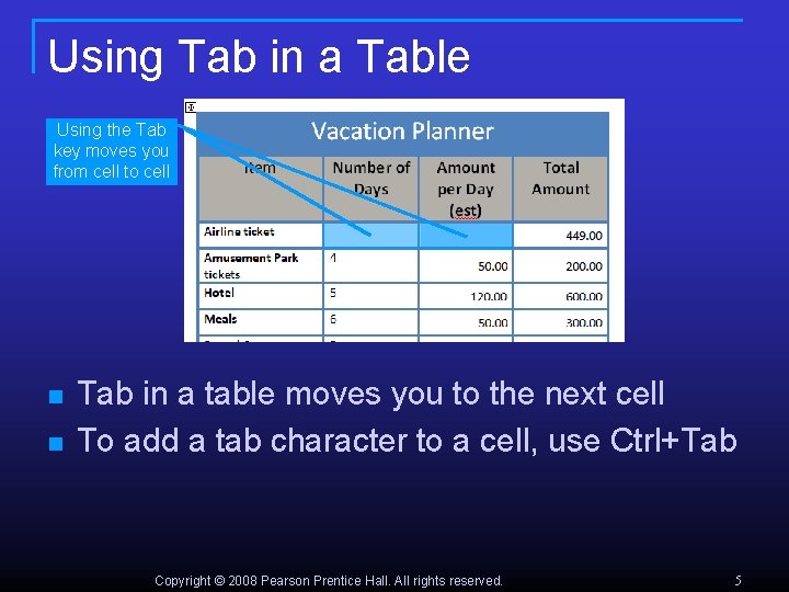 Using Tab in a Table Using the Tab key moves you from cell to