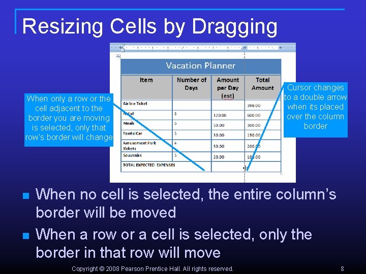 Resizing Cells by Dragging When only a row or the cell adjacent to the