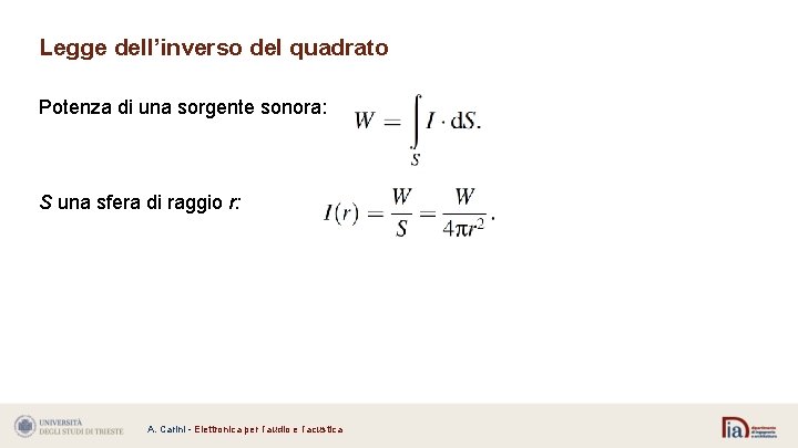 Legge dell’inverso del quadrato Potenza di una sorgente sonora: S una sfera di raggio