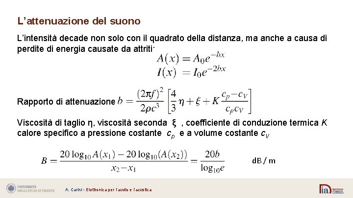 L’attenuazione del suono L’intensità decade non solo con il quadrato della distanza, ma anche