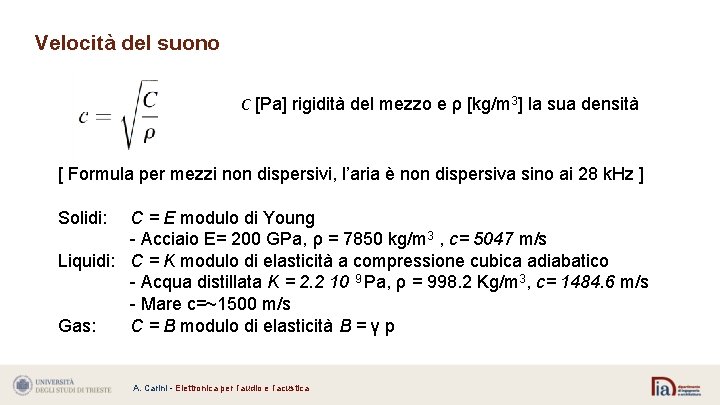 Velocità del suono C [Pa] rigidità del mezzo e ρ [kg/m 3] la sua