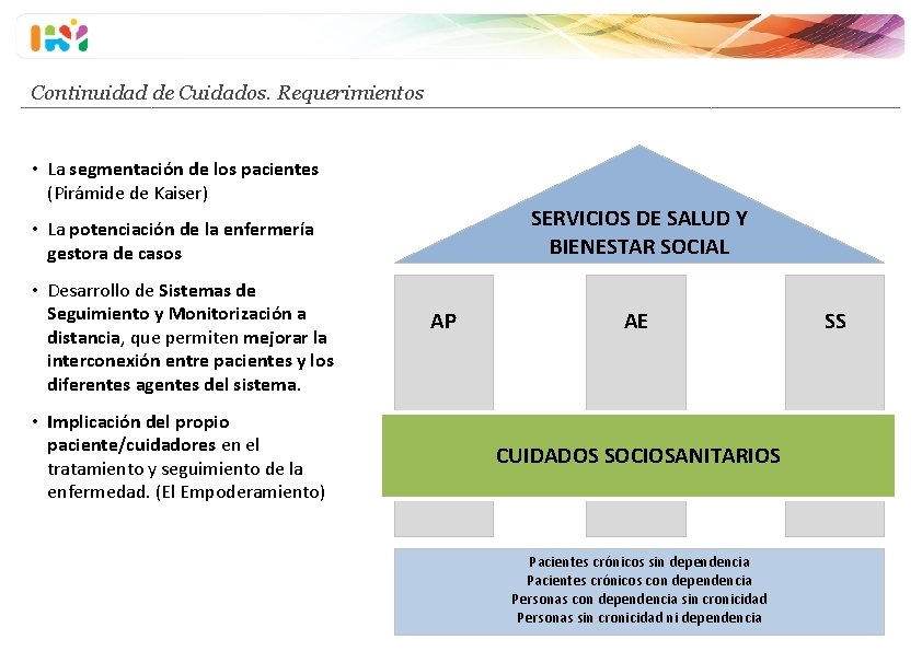 Continuidad de Cuidados. Requerimientos • La segmentación de los pacientes (Pirámide de Kaiser) SERVICIOS