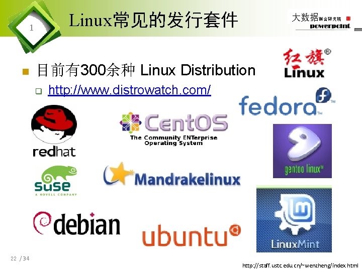 Linux常见的发行套件 1 n 目前有300余种 Linux Distribution q 22 / 34 大数据联合研究院 http: //www. distrowatch.