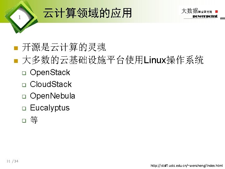 云计算领域的应用 1 n n 开源是云计算的灵魂 大多数的云基础设施平台使用Linux操作系统 q q q 31 / 34 大数据联合研究院 Open.
