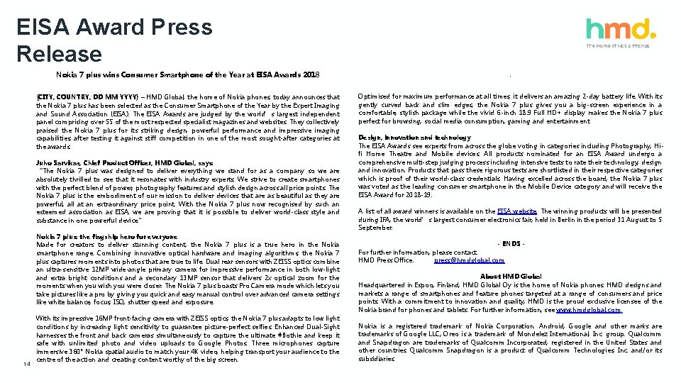 EISA Award Press Release 14 Nokia 7 plus wins Consumer Smartphone of the Year
