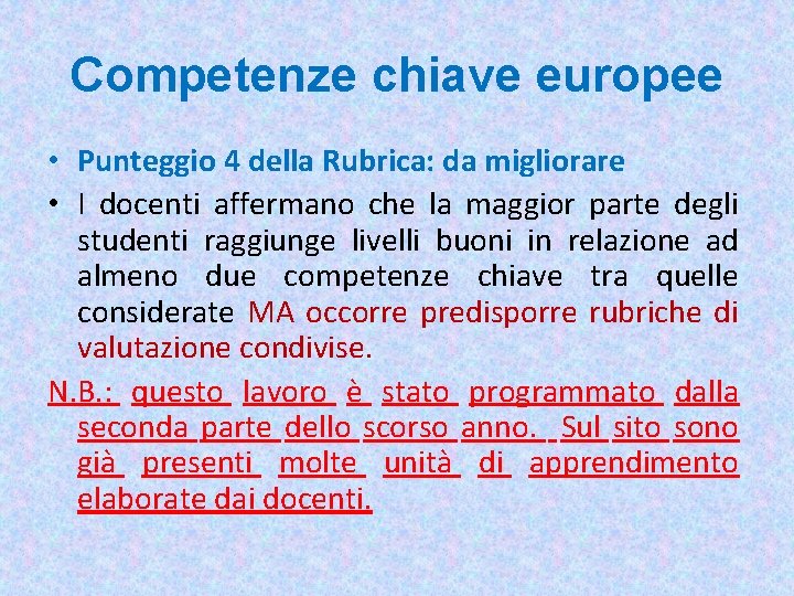 Competenze chiave europee • Punteggio 4 della Rubrica: da migliorare • I docenti affermano