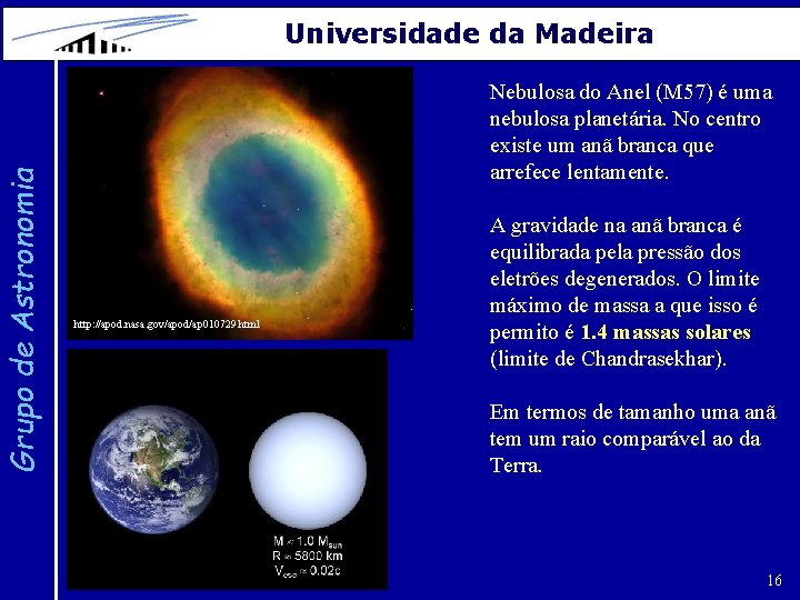 Grupo de Astronomia Universidade da Madeira Nebulosa do Anel (M 57) é uma nebulosa