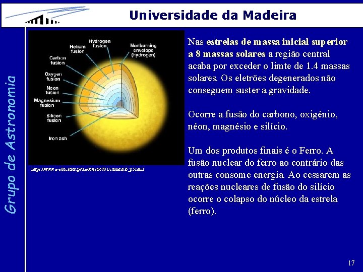 Grupo de Astronomia Universidade da Madeira Nas estrelas de massa inicial superior a 8