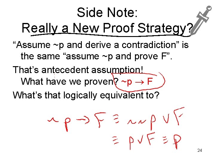 Side Note: Really a New Proof Strategy? “Assume ~p and derive a contradiction” is