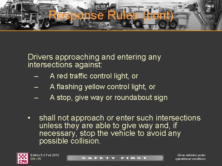 Response Rules (cont) Drivers approaching and entering any intersections against: – – – •