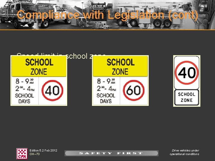 Compliance with Legislation (cont) Speed limit in school zone Edition 5. 2 Feb 2012