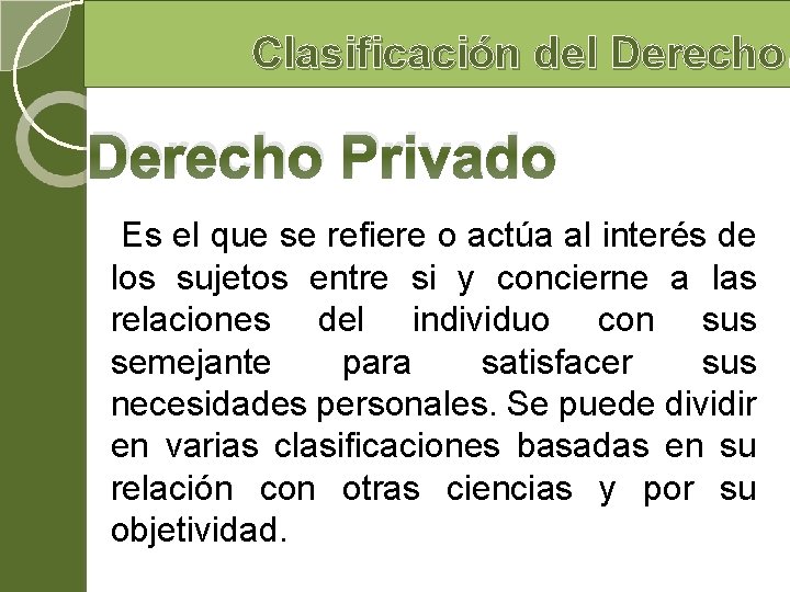 Clasificación del Derecho Privado Es el que se refiere o actúa al interés de Clasificación del Derecho Privado Es el que se refiere o actúa al interés de