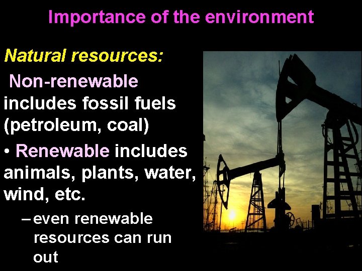Importance of the environment Natural resources: Non-renewable includes fossil fuels (petroleum, coal) • Renewable